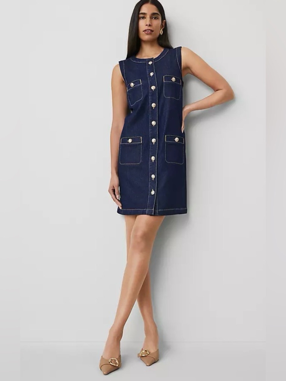 NWT Ann Taylor size 00 petite sleeveless denim button up dress